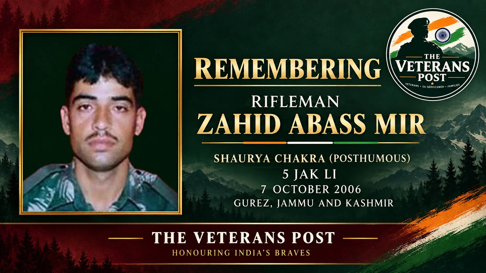 Rifleman Zahid Abass Mir, Shaurya Chakra, 5 JAK LI, Gurez, Jammu and Kashmir, Line of Control, Military Remembrance